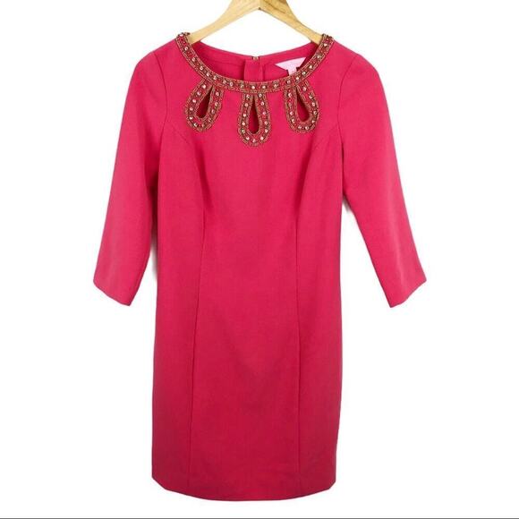 LILLY PULITZER Bronte Beaded Pink Shift Dress 2 Rhinestones Embellished Neckline - Picture 2 of 15